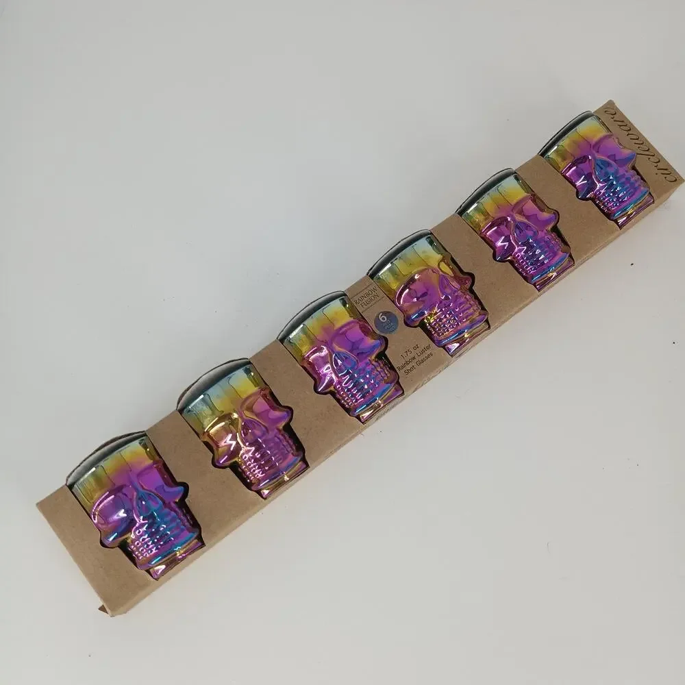 6X New Rainbow Fusion Skull Shot Glass 1.7 oz Halloween Iridescent Partyware
